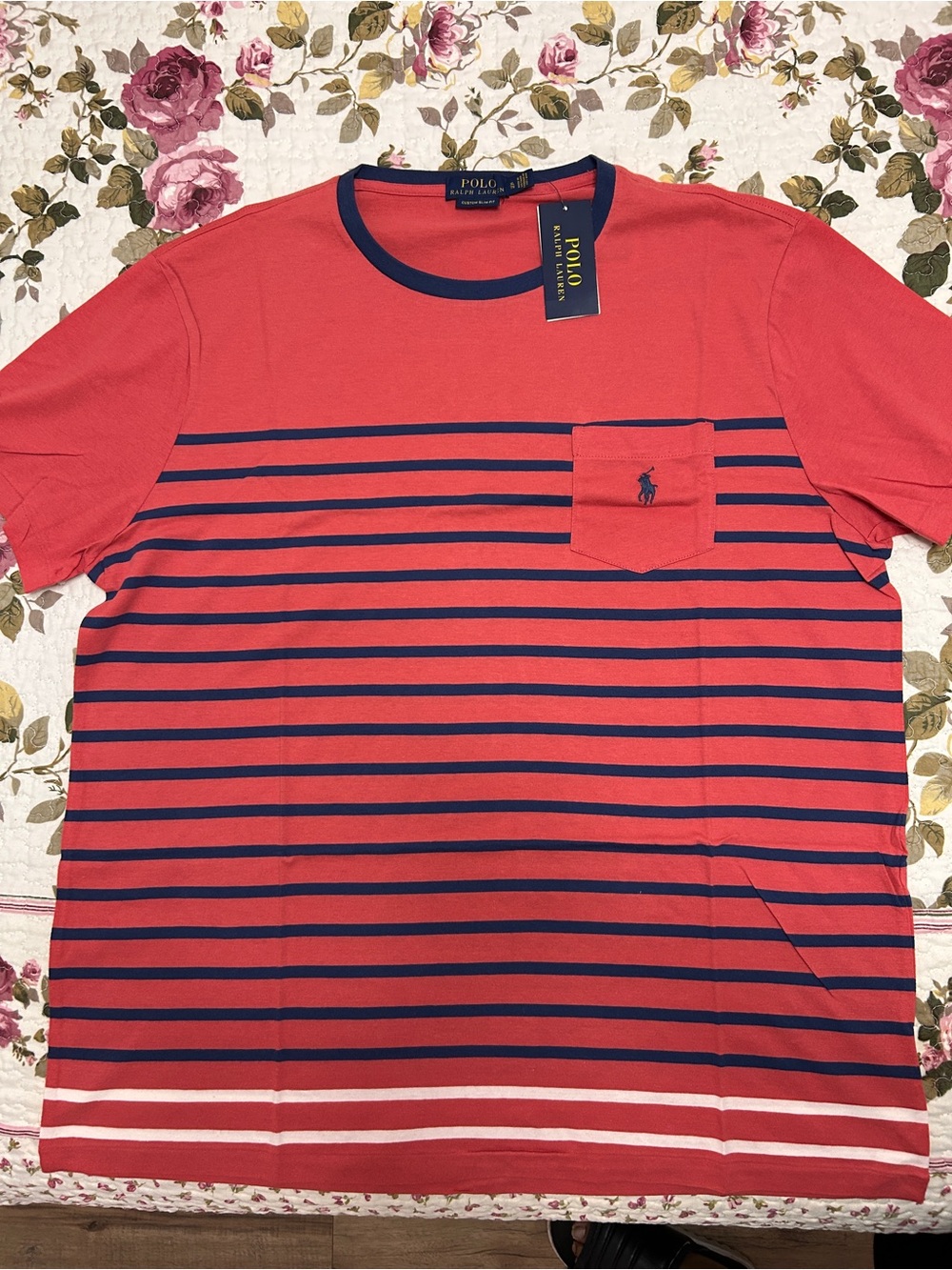 Ralph Lauren Coral Red Tee with Navy Stripes